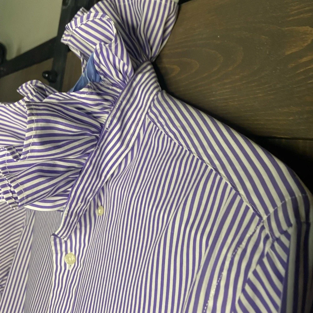 Ralph Lauren Purple and White Striped Ruffle-Collar Button-Down Shirt - Picture 4 of 5